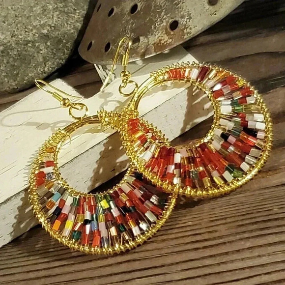 Beaded Red Multi Tiny Glass Beads Gogo Gold Tone Hoop Earrings - Picture 1 of 8